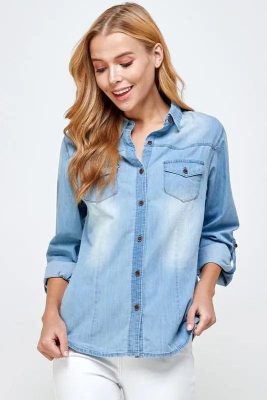 Classic Chambray Denim Shirt - Women's Long Sleeve Tops