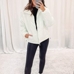 White Liquid Leather Puffer Jacket